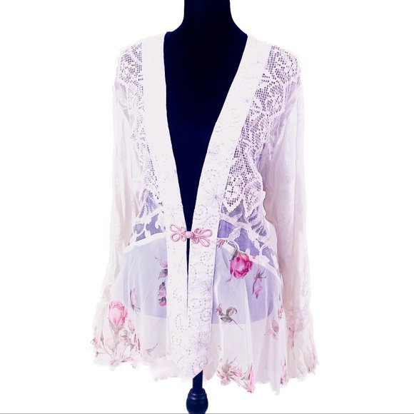 Womenโs Silk Boho Lace Kimono Romantic Rose Tunic Spencer Alexis Vintage Elegant - Picture 4 of 16